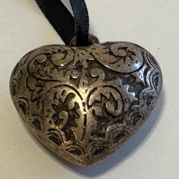 Ornate Silver Heart Medallion on Black Satin Ribbon Necklace - Picture 4 of 5